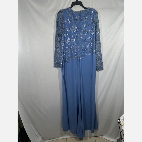 NWD $468 Tadashi Shoji‎ [ 14 ] Sequin Lace Long Sleeve Crepe Gown Cadet Blue - Picture 10 of 16